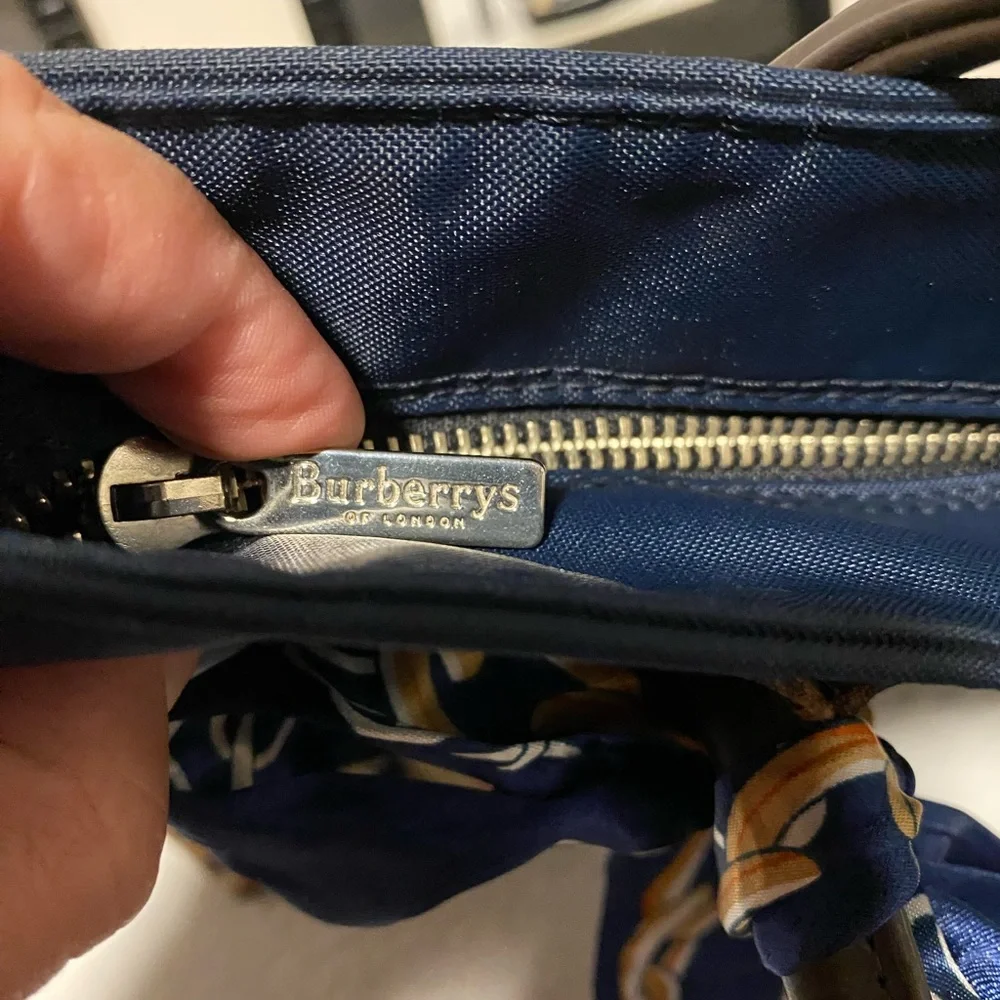 Burberry Navy Tote with Chain-Print Scarf Accent